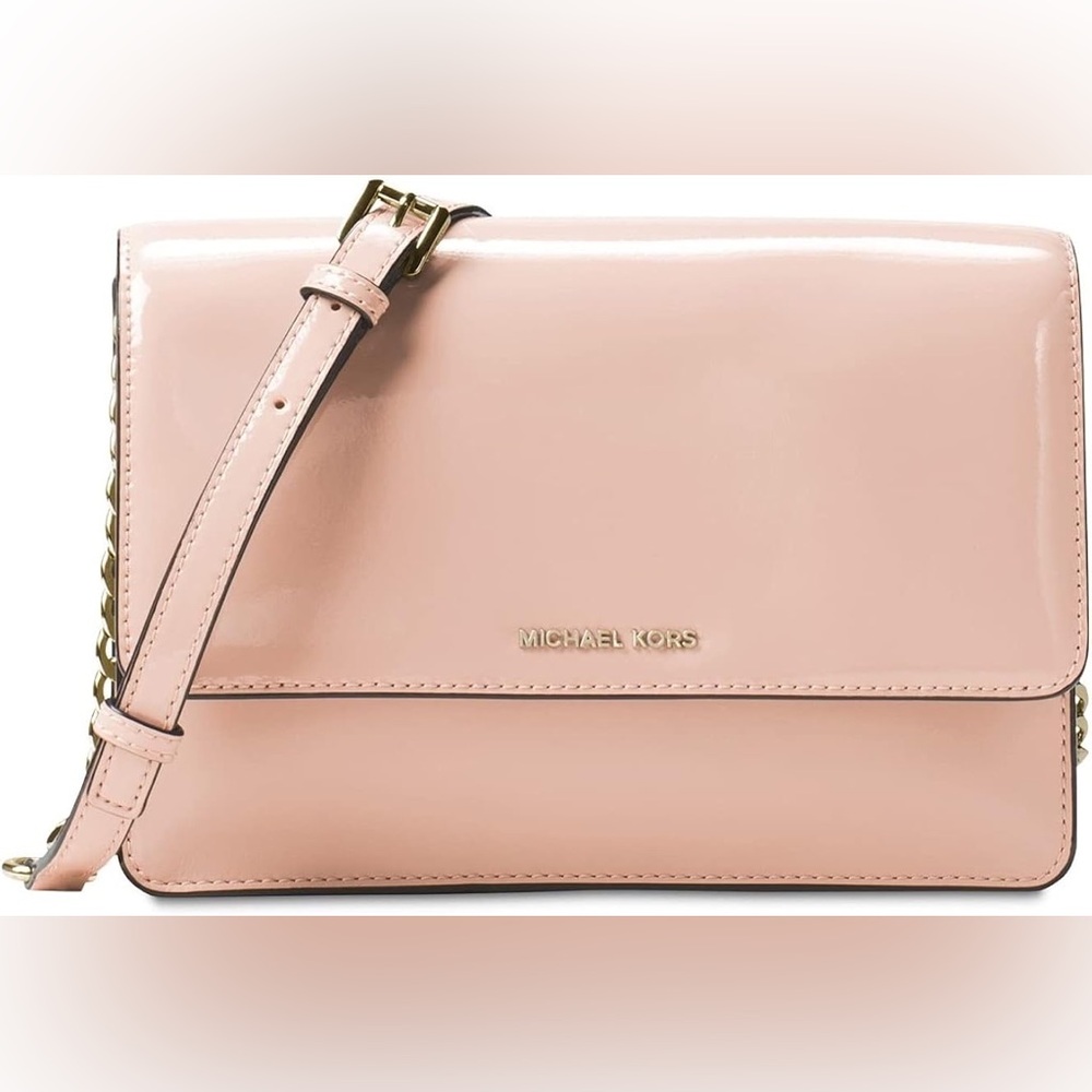 Michael Kors Daniela patent leather large crossbody cream beige gold chain